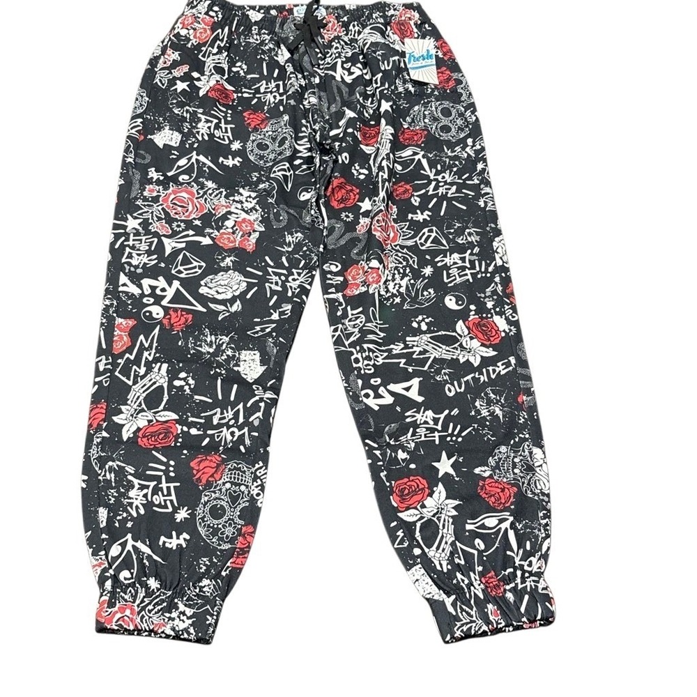 Fresh Prints of Bel Air Skull Rose Graffiti Track Pants Medium Black Red Pockets